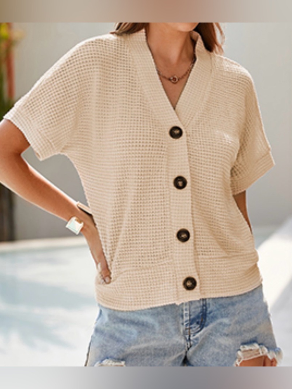 NWT Dokotoo Beige Waffle Knit Button-Down Short Sleeve Top Women’s Size 2XL